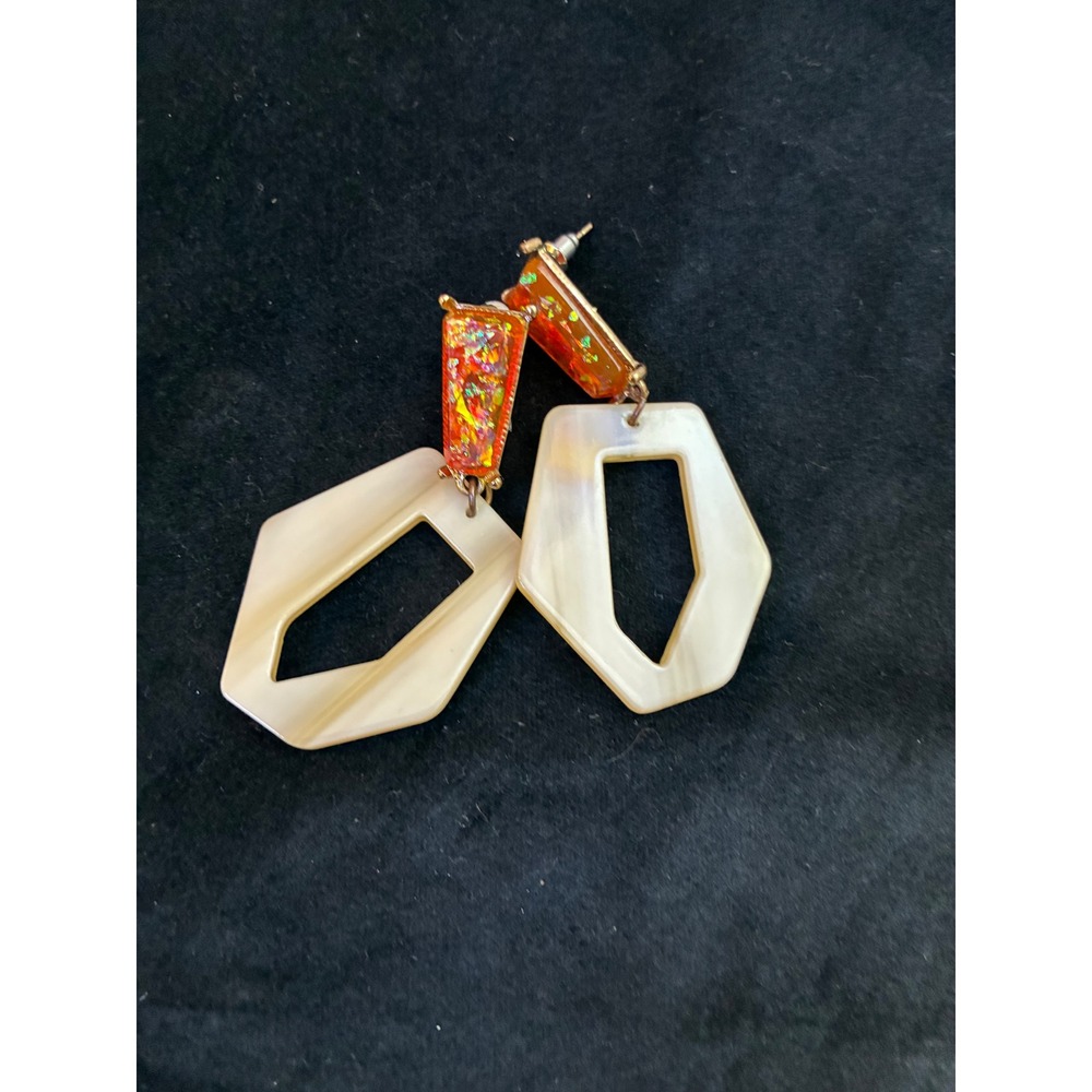 Vintage Orange Glitter and Cream Geometric Drop Earrings Retro Statement Dangles